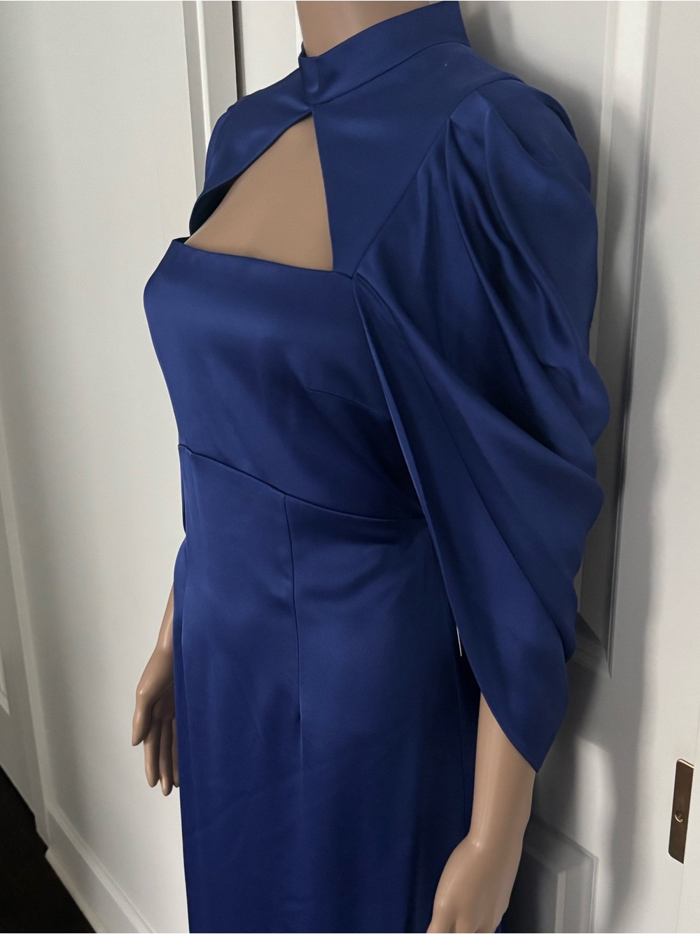 Theia Cobalt Blue Satin Maxi Gown with Capelet - Picture 4 of 6